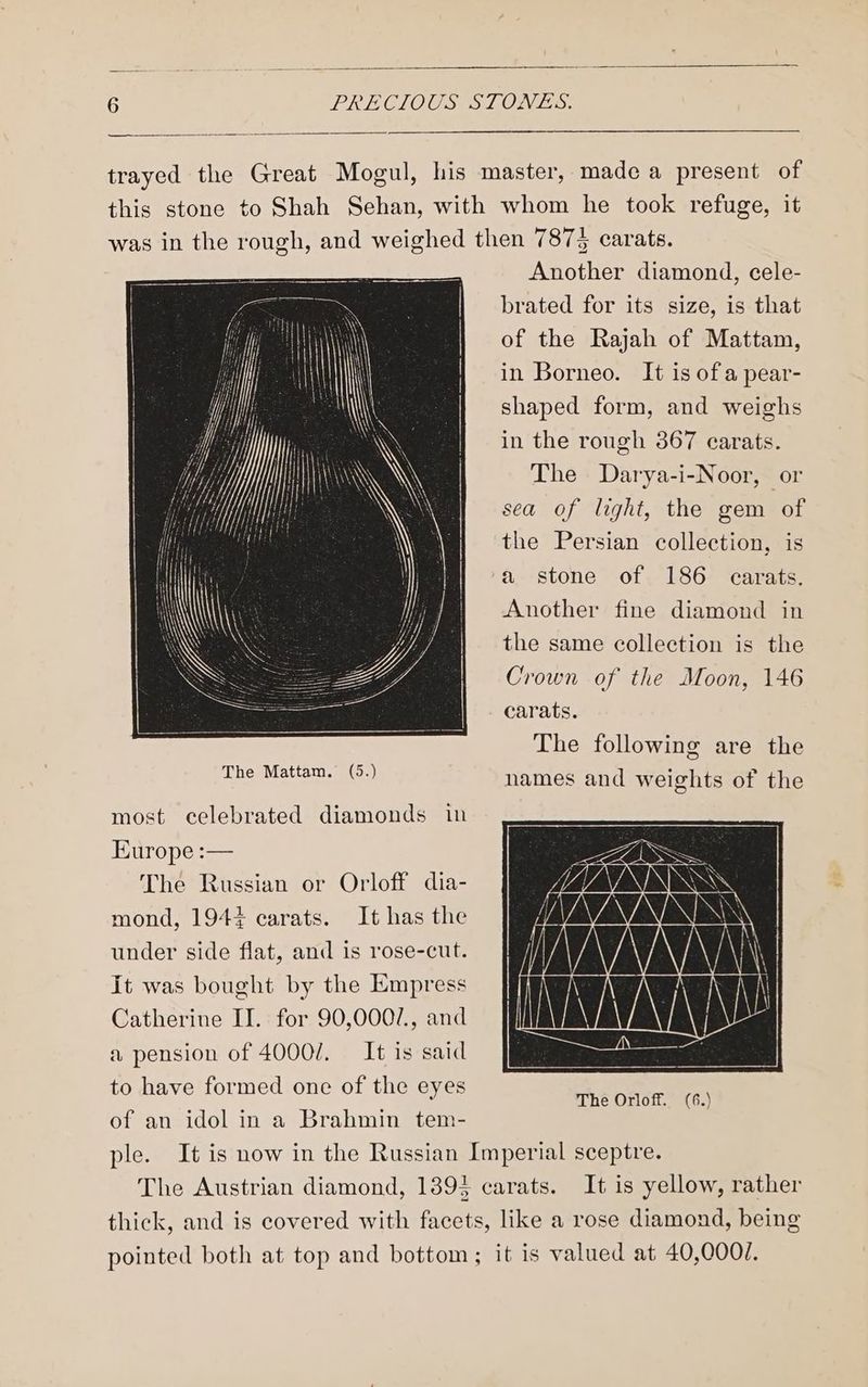 trayed the Great Mogul, his master, made a present of this stone to Shah Sehan, with whom he took refuge, it was in the rough, and weighed then 7873 carats. Another diamond, cele- brated for its size, is that of the Rajah of Mattam, in Borneo. It is ofa pear- shaped form, and weighs in the rough 367 carats. The Darya-i-Noor, or sea of light, the gem of the Persian collection, is a stone of 186 carats. Another fine diamond in the same collection is the Crown of the Moon, 146 carats. The following are the NSERC 0) names and weights of the most celebrated diamonds in Europe = The Russian or Orloff dia- mond, 1944 carats. It has the under side flat, and is rose-cut. it was bought by the Empress Catherine IJ. for 90,0007., and a pension of 4000/. It is said to have formed one of the eyes of an idol in a Brahmin tem- ple. It is now in the Russian Imperial sceptre. The Austrian diamond, 1394 carats. It is yellow, rather thick, and is covered with facets, like a rose diamond, being pointed both at top and bottom; it is valued at 40,000/.