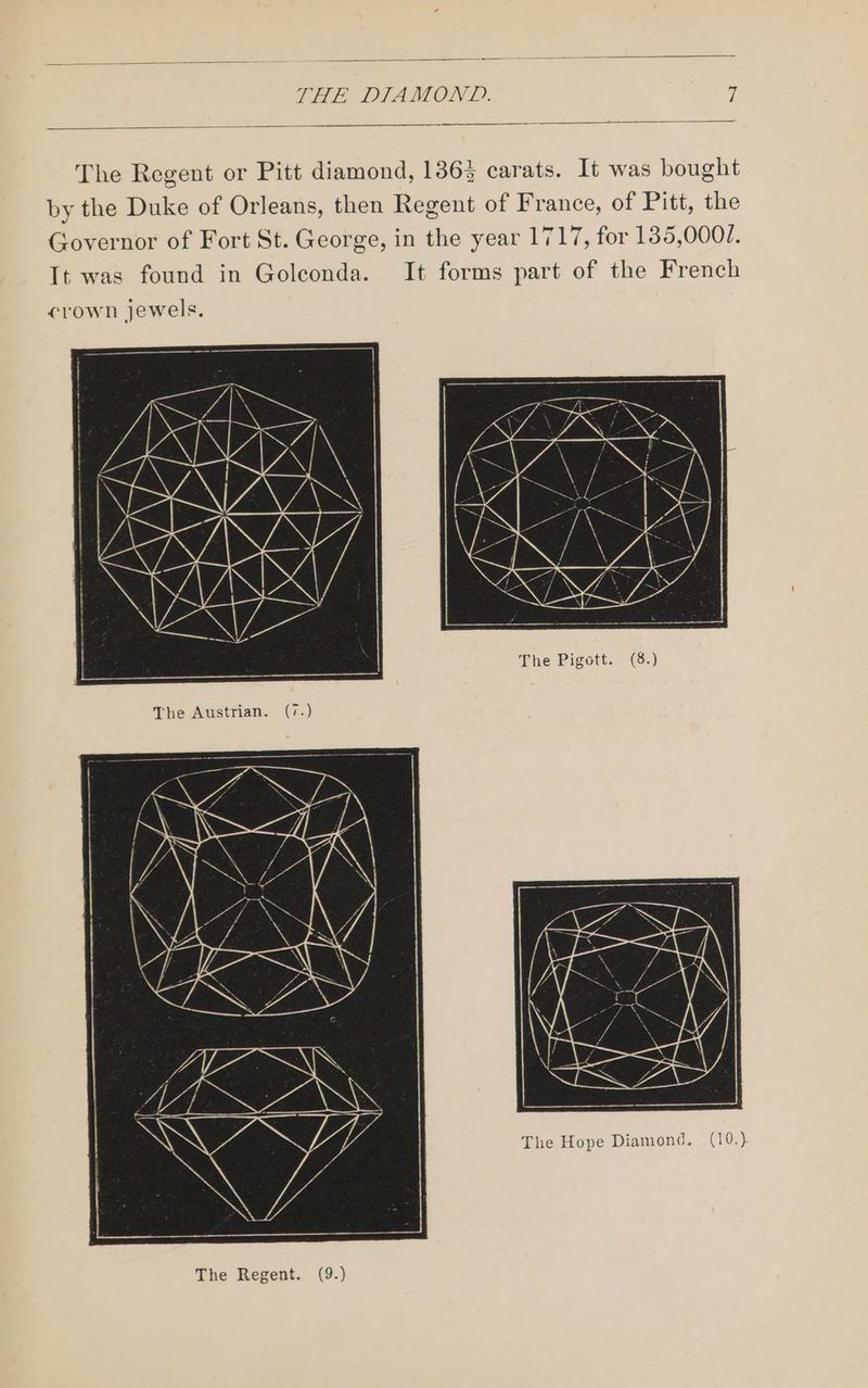 The Regent or Pitt diamond, 1363 carats. It was bought by the Duke of Orleans, then Regent of France, of Pitt, the Governor of Fort St. George, in the year 1717, for 135,000/. It was found in Golconda. It forms part of the French crown jewels. The Pigott. (8.)