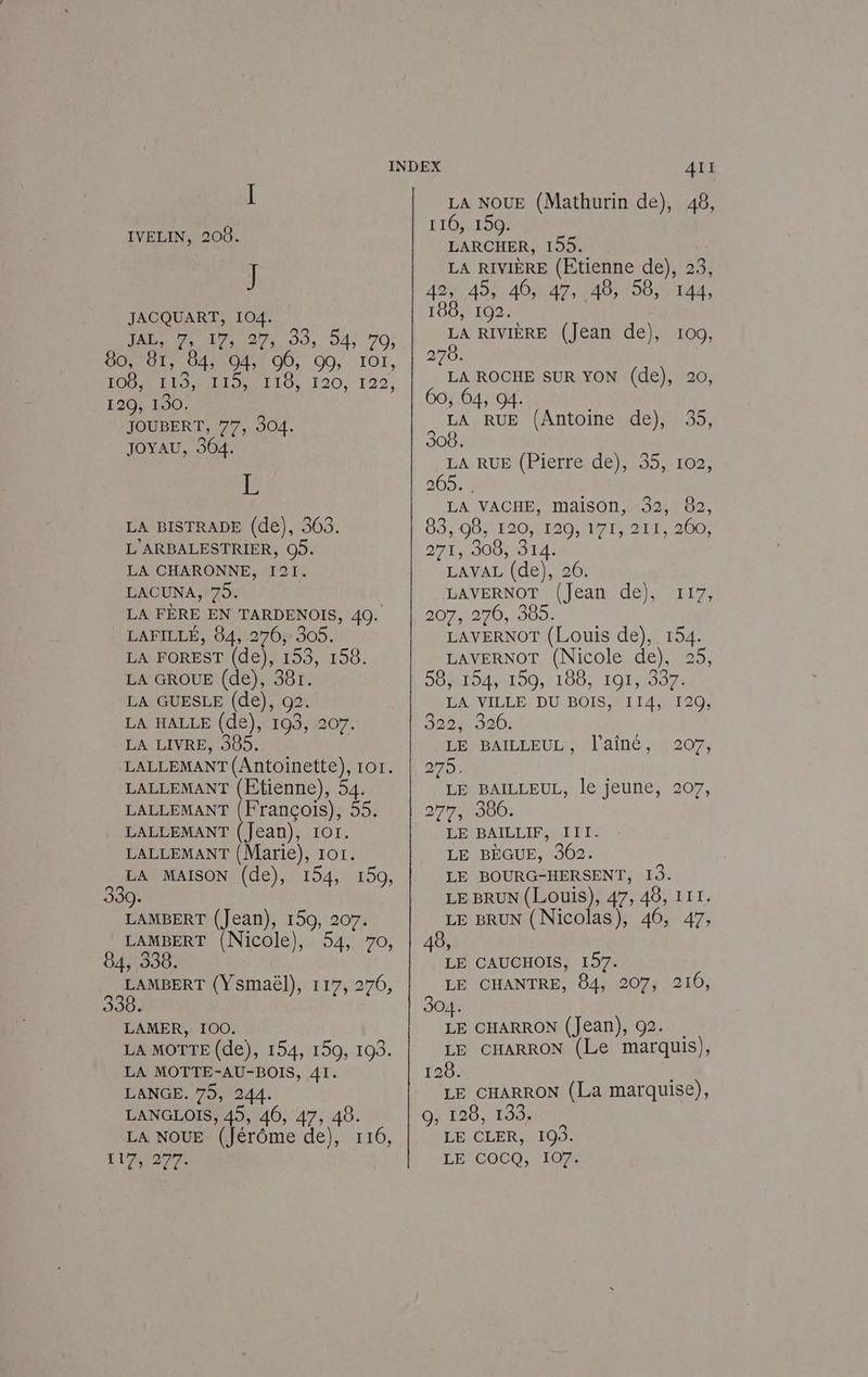 IVELIN, 206. J JACQUART, 104. DT 04 09, 04 7; OPCL 004 0047.00, 00, LA LOIS EP LION (120; 120, E20;.190, JOUBERT, 77, 304. JOYAU, 304. L LA BISTRADE (de), 303. L' ARBALESTRIER, O5. LA CHARONNE, I21. LACUNA, 75. LA FÈRE EN TARDENOIS, 40. LAFILLÉ, 84, 270; 305. LA FOREST (de), 153, 158. LA GROUE (de), 387. LA GUESLE (de), 92. LA HALLE (de), 193, 207. LA LIVRE, 365. LALLEMANT (Antoinette), 101. LALLEMANT (Etienne), 54. LALLEMANT (François), 55. LALLEMANT (Jean), 101. LALLEMANT (Marie), 101. LA MAISON (de), 154, 150, 330. LAMBERT (Jean), 150, 207. LAMBERT (Nicole), 54, 70, 84, 338 ue (Ysmaël), 117, 276, LAMER, 100. | LA MOTTE (de), 154, 150, 103. LA MOTTE-AU-BOIS, 41. LANGE. 75, 244. LANGLOIS, 45, 46, 47, 48. LA NOUE (Jérôme de), 116, LA NOUE (Mathurin de), 48, 110: 180: LARCHER, 155. LA RIVIÈRE (Etienne de), 23, 42, 49, 46, 47, 48, 58, 144, 180, 192. LA RIVIÈRE (Jean de), 100, 270: LA ROCHE SUR YON (de), 20, 60, 04, 94. re LA RUE (Antoine de), 35, 308. LA RUE (Pierre. dé),:35,:102; BOB LA VACHE, maison, 32, 82, 09 OO E20 MO NI ES APT 200 271, 308, 314. LAVAL (de), 26. LAVERNOT (Jean de), 2071270 909: LAVERNOT (Louis de), 154. LAVERNOT (Nicole de), 25, DOMIDA MI OO 1001012007: UE LA VILLE DU BOIS, I14, 129, 322, 320. PENSAILAEULN Alain. 207, 20 LE BAILLEUL, le jeune, 207, 2APNOUO, LE BAILLIF, III. LE BÈGUE, 302. LE BOURG-HERSENT, 13. LE BRUN (Louis), 47, 46, 111. LE BRUN (Nicolas), 46, 47, 48, LE CAUCHOIS, 157. LE CHANTRE, 84, 207, 210, 304. LE CHARRON (Jean), 92. LE CHARRON (Le marquis), 128. LE CHARRON (La marquise), 9; 128, 193, ; LE CLER, 109.