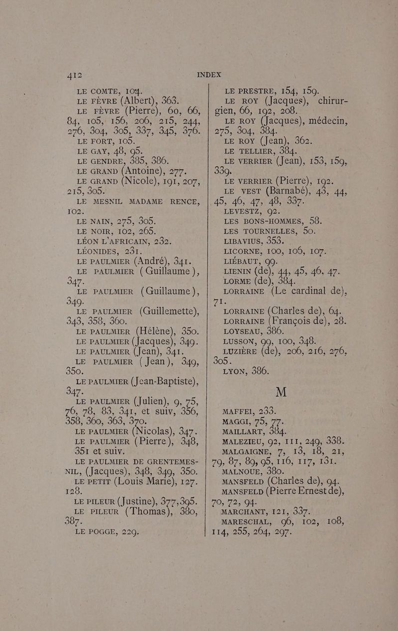 A12 LE COMTE, 10%. LE FÈVRE (Albert), 3653. LE FÈVRE (Pierre), 60, 66, 84, 108 156, 2001215244, 2706, -304,1305,19387, 1842/7970. LE FORT, 105. LE GAY, 48, 09. LE GENDRE, 385, 386. LE GRAND (Antoine), 277. LE GRAND (Nicole), 191, 207, 215, 305 LE MESNIL MADAME RENCE, 102. LE NAIN, 275, 305. LE NOIR, 102, 265. LÉON L'AFRICAIN, 232. LÉONIDES, 241. LE PAULMIER (André), 341. : LE PAULMIER (Guillaume }, 47. se PAULMIER (Guillaume), 349. . PAULMIER (Guillemette), 343, 358, 360. LE PAULMIER (Hélène), 350. LE PAULMIER (Jacques), 340. LE PAULMIER (Jean), 341. LE PAULMIER (Jean), 349, 350. LE PAULMIER (Jean-Baptiste), 347- LE PAULMIER (Julien), o, 75, 70 0063-41 ét ui 350, 358, 360, 363, 370. LE PAULMIER (Nicolas), 347. LE PAULMIER (Pierre), 348, 3951 et SUIv. LE PAULMIER DE GRENTEMES- NIL, (Jacques), 348, 349, 350. ie PETIT (Louis Marie), 127. 126. LE PILEUR (Justine), 377,305. LE PILEUR (Thomas), 380, 387. LE POGGE, 220. LE PRESTRE, 194, 150. LE ROY (Jacques), chirur- gien, 66, 192, 208. LE ROY (Jacques), médecin, 270 MODO: LE ROYU (Jean) 1302! LE TELLIER, 304. RS VERRIER (Jean), 153, 150, 9290, ee VERRIER (Pierre), 102. LE VEST (Barnabé), 43, 44, 45, 40, 47, 48, 337. LEVESTZ, O2. LES BONS-HOMMES, 58. LES TOURNELLES, 50. LIBAVIUS, 353. LICORNE, 100, 100, 107. LIÉBAUT, OO. LIENIN (de), 44, 45, 46, 47. LORME (de), 364. LORRAINE (Le cardinal de), Fe : LORRAINE (Charles de), 64. LORRAINE (François de), 26. LOYSEAU, 386. | LUSSON, 99, 100, 348. LUZIÈRE (de), 206, 216, 276, 305: LYON, 386. M MAFFEI, 233. MAGGI, 75, 77. MAILLART, 304. MALEZIEU, O2, III, 240, 338. MALGAIGNE, 7, 19, 18, 21, 0, 10710000 LOL UTP MALNOUE, 380. MANSFELD (Charles de), 04. MANSFELD (Pierre Ernest de), 79: 72» 94- 2 MARCHANT, 121, 397. MARESCHAL, O6, 102, 108, 114,-299:204; 207: