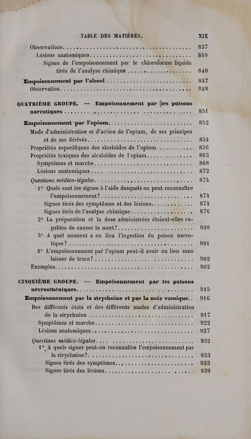 Obserratiqnte tete. Ze SR A CR CEE le PR a aid ; Lésions anatomiques. ........,.......... dr. . Signes de l’empoisonnement par le chloroforme liquide tirés de l’analyse chimique ..... thé no .. Empoisonnement par l'alcool .......................... ODSET VAIO AN NET RON s HIVER DA EPATE EU o.. QUATRIÈME GROUPE. — Empoisonnement par |les poisons narcotiques ......... CL RE JU NV den TR Empoisonnement par l’opium. ess se Mode d’administration et d’action de l’opium, de ses principes A CN BE à LE A PA EP a ro Propriétés soporifiques des alcaloïdes de l’opium......... “4 Propriétés toxiques des alcaloïdes de l'opium. ......... “dde Symptormes:6t Mare... ne cu ce a date se Lésions anatomiques ve Questions médico-légales. , ....... mers dont letih mit 19 Quels sont les signes à l’aide desquels on peut de nbaite Fempoisonnemeénthdecnat cn along :4 Hcus.… ‘ Signes tirés des symptômes et des lésions... ... F0. PRO Signes tirés de l'analyse chimique............ Re 29 La préparation et la dose administrées étaient-elles ca- pablôs de cause la mophT és as RUN SU 3° À quel moment a eu lieu l’ingestion du poison narco- TOO EN A ET, es 1e PPS 4° L’empoisonnement par l’opium peut-il avoir eu lieu sans laisser de trace? ........ PSN At FONDU, D ST OR PE M ARR COS ET CEE D PA DE A Pa 0 À . CINQUIÈME GROUPE. — Empoisonnement par les poisons névrosfhéniques. : «4 46,505 des dose ado en as tnS SÉRSRS ONG Empoisonnement par la strychnine et par la noix vomique.. Des différents états et des différents modes d'administration der ltstryehniné SAR Se RAM Eur Hot Symptômes et marche....... PTE MES CR LL EAST Er l PRbnstatalomiqUes ts Aus De HAE. dun on Questions médico-légales.... ........... SA A RE CET 1° A quels signes peut-on reconnaître l’empoisonnement par EUBLENCONIN ES PAU SEEN ET SION CONERE $ Signes tirés des symptômes..,....... 1 INA - Signes tirés des lésions...,....