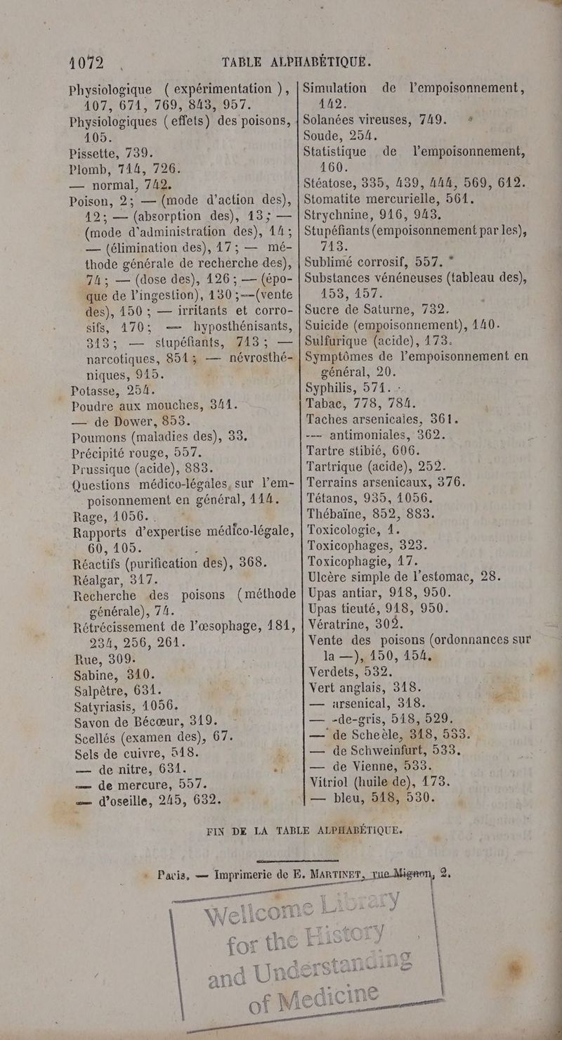 Physiologique ( expérimentation ), 407, 671, 769, 843, 957. Physiologiques (effets) des poisons, 105. Pissette, 739. Plomb, 714, 726. — normal, 742. Poison, 2; — (mode d’action des), 12; — (absorption des), 13; — (mode d'administration des), 14; — (élimination des), 17; — mé- thode générale de recherche des), 7h; — (dose des), 126 ; — (épo- que de l’ingestion), 1430 ;—(vente des), 450 ; — irritants et corro- sifs, 470: —— hyposthénisants, 313; — stupéfiants, 743; narcotiques, 8513 — névrosthé- niques, 949. Potasse, 254. Poudre aux mouches, 341. — de Dower, 893. Poumons (maladies des), 33, Précipité rouge, 957. Prussique (acide), 883. Questions médico-légales, sur l’em- poisonnement en général, 114. Rage, 1056. Rapports d’ expertise médico-légale, 60, 105. Réactifs (purification des), 368. Réalgar, 317. Recherche des poisons (méthode générale), 74. Rétrécissement de l’œsophage, 181, 234, 256, 261. Rue, 309. Sabine, 310. Salpêtre, 631. Satyriasis, 1056. Savon de Bécœur, 319. Scellés (examen des), 67. Sels de cuivre, 418. d. — de nitre, 631. M, — de mercure, 5957. = d’oseille, 245, 632. Simulation de l’empoisonnement, 142. Solanées vireuses, 749. + Soude, 254, Statistique 160. Stéatose, 335, 439, 444, 569, 612. Stomatite mercurielle, 561, Strychnine, 916, 943. Stupéfiants (empoisonnement par les), 743. Sublimé corrosif, 557. * Substances vénéneuses (tableau des), 153, 107% Sucre de Saturne, 732, Suicide (empoisonnement), 440. Sulfurique (acide), 173. Symptômes de l’empoisonnement en général, 20. Syphilis, 5971. Tabac, 778, 784. Taches arsenicaies, 361. -— antimoniales, 362. Tartre stibié, 606. Tartrique (acide), 252. Terrains arsenicaux, 376. Tétanos, 935, 1056. Thébaïne, 852, 883. Toxicologie, 4. Toxicophages, 323. Toxicophagie, 17. Ulcère simple de l'estomac, 28. Upas antiar, 918, 950. Upas tieuté, 918, 950. Vératrine, 302. Vente des poisons (ordonnances sur la —), 150, 154, Verdets, 532, Vert anglais, 318. ursenical, 318. -de-gris, 518, 529. ‘de Scheèle, 318, 553. de Schweinfurt, 533, de Vienne, 933. Vitriol (huile de), 173. — bleu, 518, 530. de l’empoisonnement, EI I à 7 W 7 À % lei tic \ VV Ter. LE: ADrafY | hi | AoAPXT | LL) ) . e re 17 in À  Den Q.> ue et