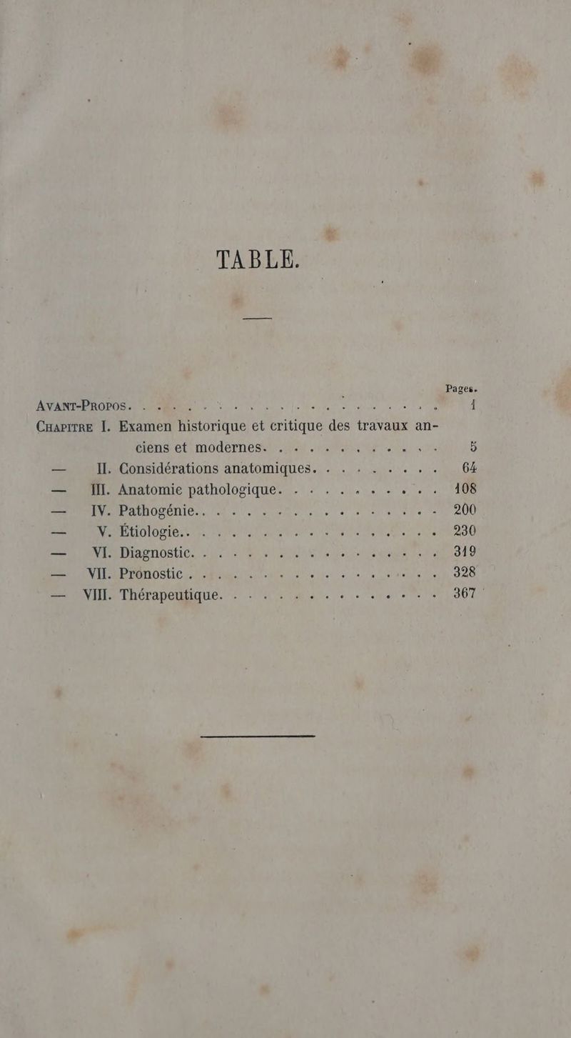 TABLE. Pages. UN Je des à de à cu à CuarirRe I. Examen historique et critique des travaux an- PM ELIMOMeEN EN LE AE 0 5 — II. Considérations anatomiques. . . . . . . . . 64 — ÏI. Anatomie pathologique. . .: . . , . . PRRERPTOR | — IV. Pathogénie.. . . . . PR UNE Te CU DOI a a ae OP Es ue 230 a Daenostios LE En no loger ie le 319 DUO TR EAMOSELC 0 ne one 2 ee on ee ds 328 — VII. Thérapeutique. . - . . . . . + . . AA ME LOTIR