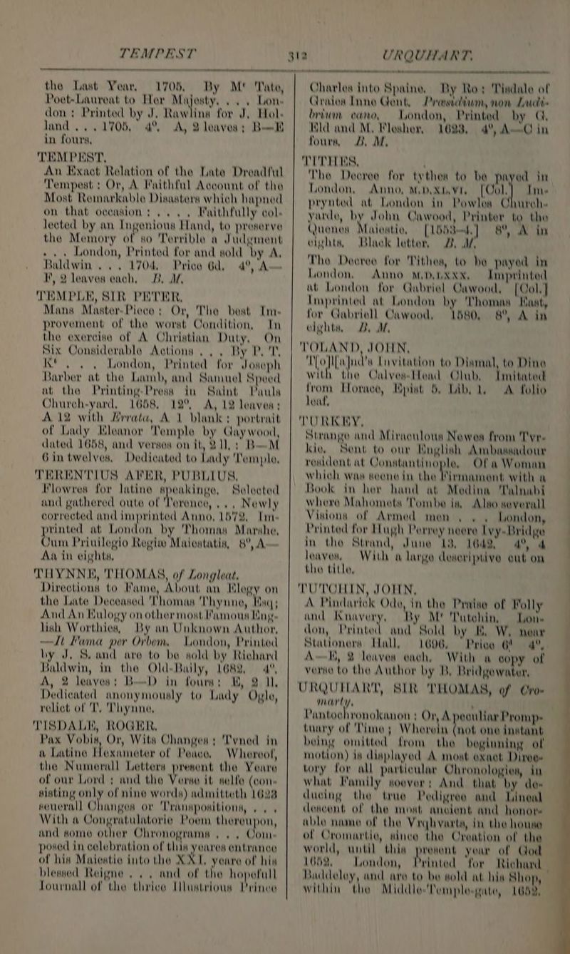 TEMPEST the Last Year, 1705. By M* Tate, Poet-Laureat to Her Majesty, .. . Lon. don: Printed by J, Rawlins for J, Hol. land... 1705, 4% A, 2 leaves; B—H in fours, TEMPEST, An Exact Relation of the Late Dreadful I’, 2 leaves each, B, Af, TEMPLE, SIR PETER, Mans Master-Pieco ; Or, The beat Tm- provement of the worst Condition, In the exorcise of A Christian Duty, On Six Considerable Actions... By PLT, KY. . , London, Printed for Joseph Barber at the Lamb, and Samuel Speed at the Printing-Press in Saint Paula Church-yard, 1658, 12°, A, 12 leaves; A 12 with Mrrata, A 1 blank: portrait of Lady Mleanor Temple by Gay wood, dated 1658, and verses on it, 81: BM Gin twelves, Dedicated to Lady 'Tomple, TERENTIUS AKER, PUBLIUS, lowres for latine apeakinge, Selected and gathered oute of Torence, ... Newly corrected and imprinted Anno, 1678. Line rinted at London by 'hornas Marahe, Okina Priuilogio Regiw Maicstatis, 8°,A Aa in eights, THYNNKE, THOMAS, of Longleat. Directions to Fame, About an Klogy on the Late Deceased 'Thomas Thynne, Haq; And An Kwogy on other most Mamous Ming. lish Worthies, By an Unknown Author, Lt Kama per Orbem London, Printod by J, S. and are to be sold by Richard Baldwin, in the Old-Baily, 1682, 4°, A, 2 leaves: B—D in fours: B, 2 1, Dedicated anonymously to Lady Oxle, relict of TY Thynne, TISDALK, ROGHR. Pax Vobis, Or, Wits Changes: Tvned in a Latine Hexameter of Peace, Whereot, the Numerall Letters present the Youre of our Lord ; and the Verse it selfo (con. sisting only of nine words) admitteth 1628 severall Ohangea or 'Tranwpositiona, .. With a Congratulatorie Poon hanson, and some other Chronograma , .. Com- posed in celebration of thin yeares entrance of his Maieatio into the XXL, yeare of hin blessed Reigne ... and of the hopefull Tournall of the thrice Hlnatrious Prince URQUHART. Charles into Spaine, By Ro: Tindale of Craiow Inne Gent, Preestadium, non Ludi« bum cane, London, Printed by Q, Hid and M, Mloshor, 16838, 4°, AC in fours, 2M, London, Anno, Mx. [Gol] Ine prynted at London in Powloa Church. yanlo, by John Cawood, Printer to the Quonos Maiostio, [1653—.) 8°, Ao in oivhty, Black letter, 2. Af Tho Decree for Tithea, to be payed in London, Anno MDoXXX. Imprinted at London for Gabriel Cawood, [Col] Imprintod at London by Thomas Kast, for CGabriell Cawood, 1580, 8°, A in elghta, 2. Af Tho Decree for tythea to be he in LLo]lfajnd’s Livitation to Dismal, to Dine with the Calves Hoad Glub, Tmitated from Horace, Mpiat 6. Lib il, A folio loaf, Strange and Miraculous Newes from Tyre kie, Sont to our Wnglish Ambassadour rovidont at Constantinople, Of a Woman Which wae soone in the Mirmament with a Book in her hand at Medina Talnabi Whore Mahometa ‘Tonbe ia, Alao severall Visions of Armod mon , . . London, Printed for Hugh Perrey neere Ivy. Bridge in tho Strand, June 13, 164% 4% 4 loaves, With a large deseriptive eut on the title, A Pindariok Ode, in the Praise of Molly and Knavery, By M' Tatehin, Lon. don, Printed and Sold by B. Wy near Stautionora Hall, 1696, Priva 6! 4° AH, % loaves each, With a copy of verae to the Author by 2B, Bridgowates, marty, ; Pantochronokanon ; Ov, A oouliar Promp» tuary of Tine; Wherein fork ono inatant boing omitted from the beginning of motion) in displayod A most exact Dire tory for all particular Chronologies, in What Family soever; And that by de« ducing the tae Pedigree and Lineal (lovcent of the moat ancient and honov able name of the Viqhvarta, da the house of Cromartio, wince the Creation of the world, until thin prowent your of God 1652, London, Printed for Richard Buddoloy, and are to be wold at hie Shop, Within the Middlo-'Tomplogute, 1652,