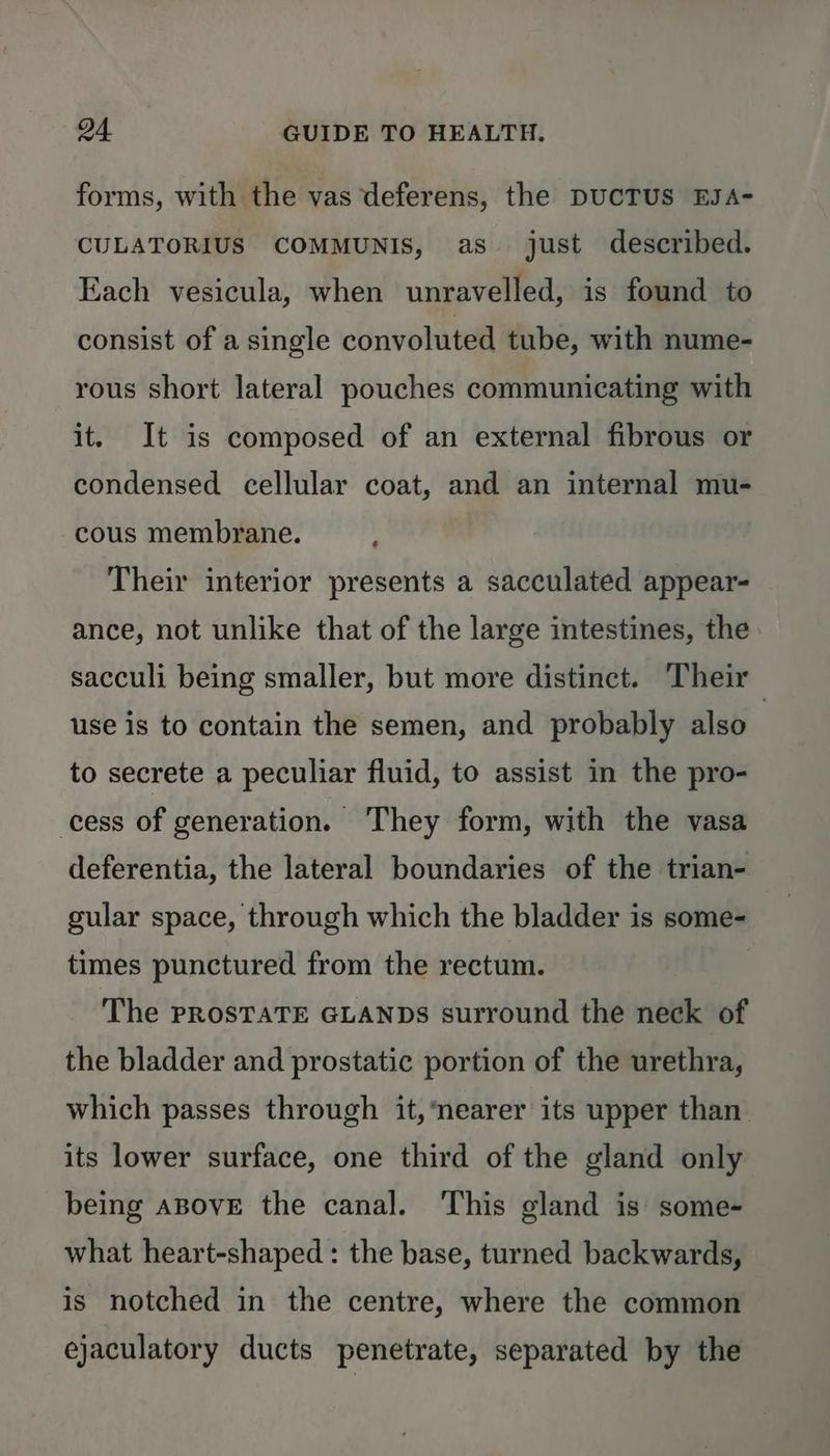 forms, with the vas deferens, the DUCTUS EJA- CULATORIUS COMMUNIS, as. just described. Each vesicula, when unravelled, is found to consist of a single convoluted tube, with nume- rous short lateral pouches communicating with it. It is composed of an external fibrous or condensed cellular coat, and an internal mu- cous membrane. Their interior presents a sacculated appear- ance, not unlike that of the large intestines, the sacculi being smaller, but more distinct. Their use is to contain the semen, and probably also to secrete a peculiar fluid, to assist in the pro- cess of generation. They form, with the vasa deferentia, the lateral boundaries of the trian- gular space, through which the bladder is some- times punctured from the rectum. | The pRosTATE GLANDS surround the neck of the bladder and prostatic portion of the urethra, which passes through it,‘nearer its upper than its lower surface, one third of the gland only being aBoveE the canal. This gland is some- what heart-shaped : the base, turned backwards, is notched in the centre, where the common ejaculatory ducts penetrate, separated by the