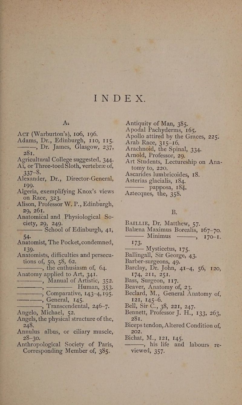 As Act (Warburton’s), 106, 196. Adams, Dr., Edinburgh, I10, 115. ———, Dr. James, Glasgow, 237, 281. Agricultural College suggested, 344. Ai, or Three-toed Sloth, vertebree of, 337-8. Alexander, Dr., Director-General, 99. Algeria, exemplifying Knox’s views on Race, 323. Alison, Professor W. P. , Edinburgh, 20, 261. Anatomical and Physiological So- ciety, 29, 249. —— School of Edinburgh, 41, 54- Anatomist, The Pocket, condemned, 139. Ae hist difficulties and persecu- tions of, 50, 58, 62. —, the enthusiasm of, 64. Anatomy applied to Art, 341. Manual of Artistic, 252, ess ————. Human, 353. , Comparative, 143-4,195. ————,, General, 145. : Transcendental, 246-7. Angelo, Michael, 52. Angels, the physical structure of the, 248. Annulus albus, or ciliary muscle, 28-30. Anthropological Society of Paris, Corresponding Member of, 385. Antiquity of Man, 385. Apodal Pachyderms, 165. Apollo attired by the Graces, 225. Arab Race, 315-16, Arachnoid, the Spinal, 334. Arnold, Professor, 29. Art Students, Lectureship on Ana- tomy to, 220, Ascarides lumbricoides, 18. Asterias glacialis, 184. papposa, 184. iy BAILLi£, Dr, Matthew, 57. Baleena Maximus Borealis, 167-70. Minimus » 170-1. 173. —-—_— Mysticetus, 275. Ballingall, Sir George, 43. Barber-surgeons, 49. Barclay, Dr. John, 41-4, 56, 120, H7Ae 2017 26 te Bass, Surgeon, 117. Beaver, Anatomy of, 23. Beclard, M., General Anatomy of, I2I, 145-6 Bell, Sir C. , 38, 221, 247. Bennett, Professor J. iz PA 281. Biceps tendon, Altered Condition of, 202. Bichat, M., 121, 145. » his life. and: laboursecre: viewed, 357. 1335 263.