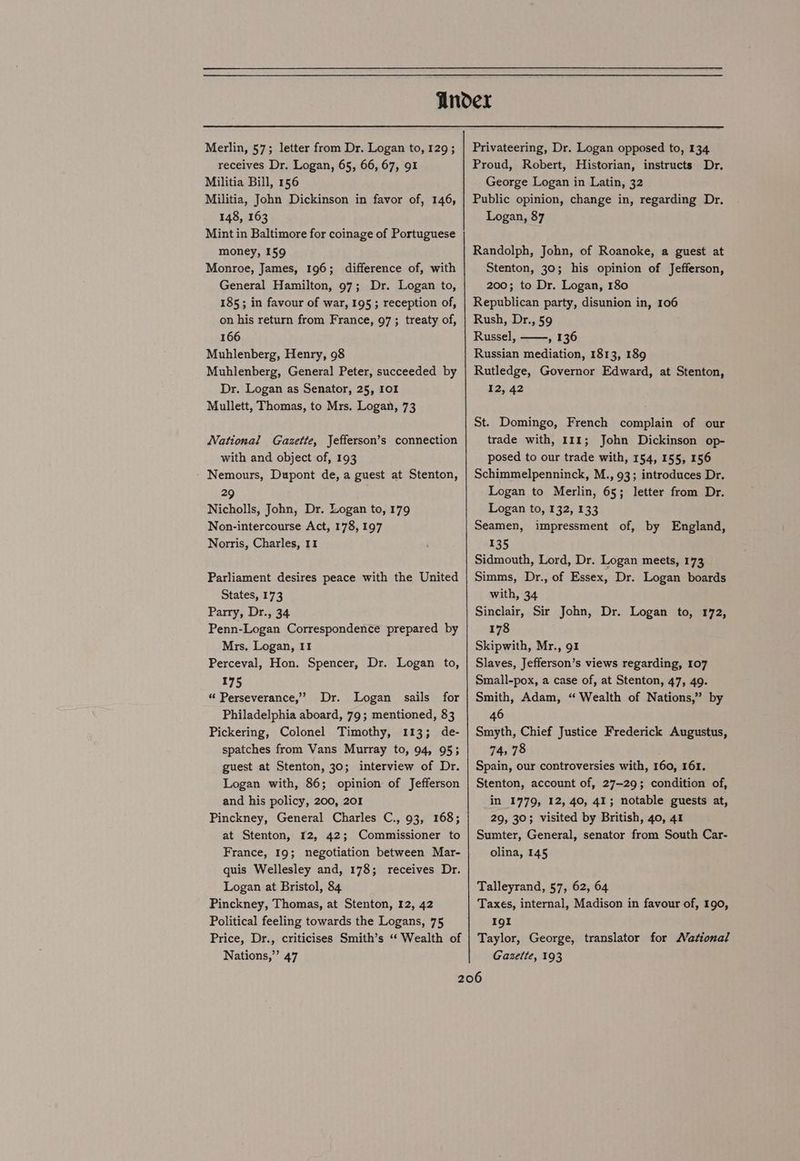 Merlin, 57; letter from Dr. Logan to, 129; receives Dr. Logan, 65, 66, 67, 91 Militia Bill, 156 Militia, John Dickinson in favor of, 146, 148, 163 Mint in Baltimore for coinage of Portuguese money, 159 Monroe, James, 196; difference of, with General Hamilton, 97; Dr. Logan to, 185; in favour of war, 195 ; reception of, on his return from France, 97 ; treaty of, 166 Muhlenberg, Henry, 98 Muhlenberg, General Peter, succeeded by Dr. Logan as Senator, 25, 101 Mullett, Thomas, to Mrs. Logan, 73 National Gazette, Jefferson’s connection with and object of, 193 Nemours, Dupont de, a guest at Stenton, 29 Nicholls, John, Dr. Logan to, 179 Non-intercourse Act, 178, 197 Norris, Charles, 11 Parliament desires peace with the United States, 173 Parry, Dr., 34 Penn-Logan Correspondence prepared by Mrs. Logan, II Perceval, Hon. Spencer, Dr. Logan to, 175 “ Perseverance,” Dr. Logan sails for Philadelphia aboard, 79; mentioned, 83 Pickering, Colonel Timothy, 113; de- spatches from Vans Murray to, 94, 95; guest at Stenton, 30; interview of Dr. Logan with, 86; opinion of Jefferson and his policy, 200, 201 Pinckney, General Charles C., 93, 168; at Stenton, £2, 42; Commissioner to France, 19; negotiation between Mar- quis Wellesley and, 178; receives Dr. Logan at Bristol, 84 Pinckney, Thomas, at Stenton, 12, 42 Political feeling towards the Logans, 75 Price, Dr., criticises Smith’s ‘“‘ Wealth of Nations,” 47 Privateering, Dr. Logan opposed to, 134 Proud, Robert, Historian, instructs Dr. George Logan in Latin, 32 Public opinion, change in, regarding Dr. Logan, 87 Randolph, John, of Roanoke, a guest at Stenton, 30; his opinion of Jefferson, 200; to Dr. Logan, 180 Republican party, disunion in, 106 Rush, Dr., §9 Russel, , 136 Russian mediation, 1813, 189 Rutledge, Governor Edward, at Stenton, 12, 42 St. Domingo, French complain of our trade with, 111; John Dickinson op- posed to our trade with, 154, 155, 156 Schimmelpenninck, M., 93; introduces Dr. Logan to Merlin, 65; letter from Dr. Logan to, 132, 133 Seamen, impressment of, by England, 135 Sidmouth, Lord, Dr. Logan meets, 173 Simms, Dr., of Essex, Dr. Logan boards with, 34 Sinclair, Sir John, Dr. Logan to, 172, 178 Skipwith, Mr., 91 Slaves, Jefferson’s views regarding, 107 Small-pox, a case of, at Stenton, 47, 49. Smith, Adam, “Wealth of Nations,” by 46 Smyth, Chief Justice Frederick Augustus, 74,78 Spain, our controversies with, 160, 161. Stenton, account of, 27-29; condition of, in 1779, 12, 40, 41; notable guests at, 29, 30; visited by British, 40, 41 Sumter, General, senator from South Car- olina, 145 Talleyrand, 57, 62, 64 Taxes, internal, Madison in favour of, 190, Igl Taylor, George, translator for ational Gazette, 193