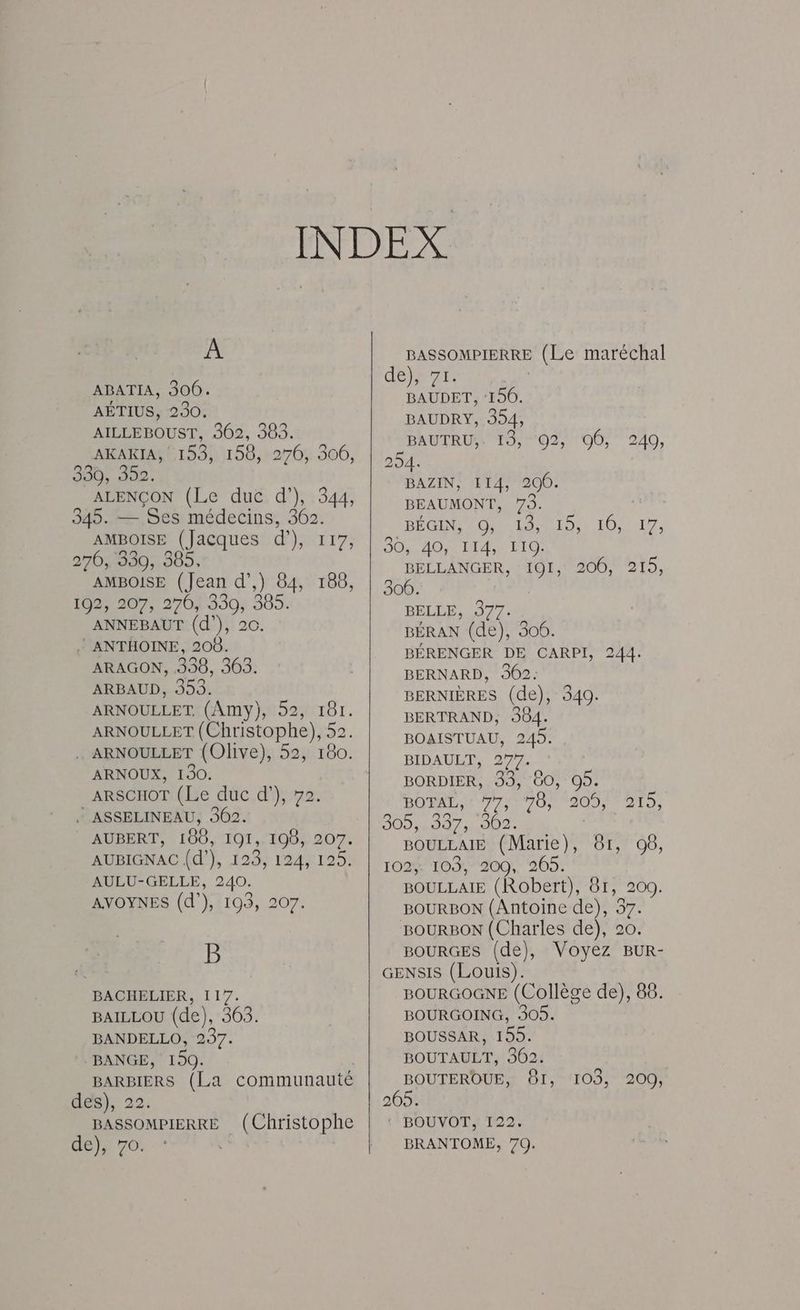 A ABATIA, 306. AÉTIUS, 230. AILLEBOUST, 362, 383. AKAKIA, 153, 156, 276, 306, 390, 202. ALENÇON (Le duc d’), 344, 345. — Ses médecins, 362. AMBOISE (Jacques d’), 117, 270% 380:,305, AMBOISE (Jean d’,) 84, 188, 120727043907 305. ANNEBAUT (d’), 20. : ANTHOINE, 208. ARAGON, 338, 363. ARBAUD, 353. ARNOULLET. (Amy), 52, 181. ARNOULLET (Christophe), 52. ARNOULLET (Olive), 52, 180. ARNOUX, 130. ARSCHOT (Le duc d’), 72. - ASSELINEAU, 302. AUBERT, 106, 101, 198, 207. AUBIGNAC {d’), 123, 124, 125. AULU-GELLE, 240. AVOYNES (d’), 193, 207. B BACHELIER, 117. BAILLOU (de), 363. BANDELLO, 237. . BANGE, 150. | BARBIERS (La communauté des}, 22. BASSOMPIERRE (Christophe dej 70. BASSOMPIERRE (Le maréchal dejeirr BAUDET, 150. BAUDRY, 354, BAUTRU,, 19,02, 06, 240, 254. BAZIN, 114, 200. BEAUMONT, 739. BÉGIN, O, 13, 19, 008.40 ITA RICO BELLANGER, 191, 206, 215, 306. DELLE 177. BÉRAN (de), 306. BÉRENGER DE CARPI, 244. BERNARD, 302: BERNIÈRES (de), 340. BERTRAND, 3604. BOAISTUAU, 249. BIDAULT, 277. | BORDIER, 33, 60, O9. DOTE Pr TOM IOU OT 300 pe T47 1002. | 10, 17, BOURBON (Antoine de), 37. BOURBON (Charles de), 20. BOURGES (de), Voyez BUR- GENSIS (Louis). BOURGOGNE (Collège de), 86. BOURGOING, 305. BOUSSAR, 155. BOUTAULT, 362. BOUTEROUE, 61, 103, 209, 265. BOUVOT, 122. BRANTOME, 70.