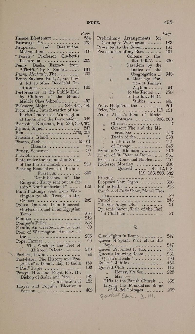 Fo Page. Page. Pascoe, Lieutenant ..........scseseee 254 | Preliminary Arrangements for Patronage; Ms i. ii3is.ssisessascocess 473 Coming to Warrington ......... 183: Pauperism and JDestitution, Presented to the Queen ............ 181 DIGEFOPONMIAN 625.4. 5006)c 6.2655 <0e 100 | Presentation of my Bust ............ 431 “ Pearls,’ Professor Quekett’s re Colours to the Uh) eee on ee 203 9th L.R.V. .... 330 Penny Banks, Extract from - Gasaliers by the «Mhriit; by S. Smiles......... 164 Ladies of the Penny Mechanic, HOH eters tances ss 200 Congregation ... 346: Penny Savings Bank, A, and how is a Marriage Por- it led to other Beneficial In- tion at Raine’s BOLUS eevee cade n've ose st seseeée 160 Asylum sh oe 94 Performance at the Public Hall i to the Rector .... 258: by Children of the Mount m to the Rev. H. C. Middle Class School.............. 457 Stubbs .......... 445, Pickmere, Major............ 389, 434, 480 | Press, Help from the ............... 201 Picton, Mr., Churchwarden of the ICO Nes cies a wuedtecss checccw nee: 117,198 Parish Church of Warrington Prince Albert’s Plan of Model at the time of the Restoration.. 348 COUMABCE vec goes dees. 206, 209 Pierpoint, Benjamin, Esq. 286, 350, Si ene URELION say codes clbagiwdteet der Pignoti, Signor <...../....05.0. Sad eds 247 ,, Consort,The and the Mi- AMMA RAg TG i iine cai cilsaedeecs'se’ 236, 237 GRORCONG diene: tepreeeled ss 153: Pitonire eo leland 6.4.0.8. 600s cecceee 2 § OAT OL LG ©. M. .y2ke. atokeas i MP URMEY LOKET. cec ss rou lic deassesees 53, 61 FF WAC. JS OUNYLUO a ee sieadedees ane 121 PREGUUAN 24. Uessssseenccssuse 66 GE MITAD OG) cat Pic venecenrcscne 345 PIGGY, SOMWOErseb... 20.6... cece ces eee 30 | Princess Nzi Khonson wesc... 210° Pe ETM ees sory ess Se aniee wensiscae andes 5 | Prison of St. Peter at Rome ...... 251 Plate under the Foundation Stone Prisons in Rome and Naples ...... 251 of the Parish Church ............ 292 | Professor Moseley ..............000 200 Pleasing Remembrance of Bishop 2 Quekett ......... 4, 112,118, IPBASOR PAW cs lise cated 320 119, 153, 203, 332. f Reminiscence of the Prog ingen. Pee ene sds. dol atssethaewti cee ig Emigrant Party sent out in the Proposed New Organ ............... 390 ship “ Northumberland” ........ 129.) Babe. Bathaw en.) 202, ota rice 213 Plum Puddings sent from War- Punch and Judy Show, Moral Uses rington to the Troops in the OES leew ce dah ivasvouds dor ah Chen onan 89 ee ee ee BU. MEMEO ars th exacepincsant oar eeemeeascact 243 Pollen, On some, from Funereal Puzzle: dudpey Ola 2a ts csccet eae 3l Garlands, found in an Egyptian Pynsent, Baron, Title of the Earl D6 US Ee 210 Ob Gather seat. otitaes- con 27 Pompeii PERN ia esAeCbAsadapeuberaaceivene 242 Pompeys Pillar: ...2.....:.ceseeae ee. 258 Poodle, An Overfed, how to cure 30 Q Poor of Warrington, Honesty of MG coc cap ii vedesdsthedseyees 205 | Quail-fights in Rome ............... 247 Pope; Harmer .....5. sec. cee ee eec sees 66 | Queen of Spain, Visit of, to the » “he, Washing the Feet of VODA miasnag tur nts Mie reee sees des 247 Thirteen Priests.. ... 249 | Queen, Presented to the............ 181 DRE OLIGCK, LIC VOR. i c.cedisscedselsssees 44 | Queen’s Drawing Room ............ 231 Post-letter, The History and Pro- “‘Queen’s Heads” ...........s0000ee 196 gress of a, froma Rag toIndia 189 | Queen’s Jubilee ..................04. 466 * ‘Post’ Paper teeta eey han io reae 196-45 Queketti@iu bien. 14s Wiagsetecey si eee 112 Powys, Hon. and Right Rey. H., 5. eebenry al yy Somat...» .: 0) alee Bishop of Sodor and Man ...... 183 Mrs. :-— Consecration of 185 Gifts to the Parish Church ... 362 Prayer and “Popular Election, a Laying the Foundation Stone PAOUMECIMMAA PREIS 2. 56c5s Escaecrteabe.cee 462 of Model Cottages .........0.. 209 t. zt ‘ a G Uw 2 ae R, . Flt,