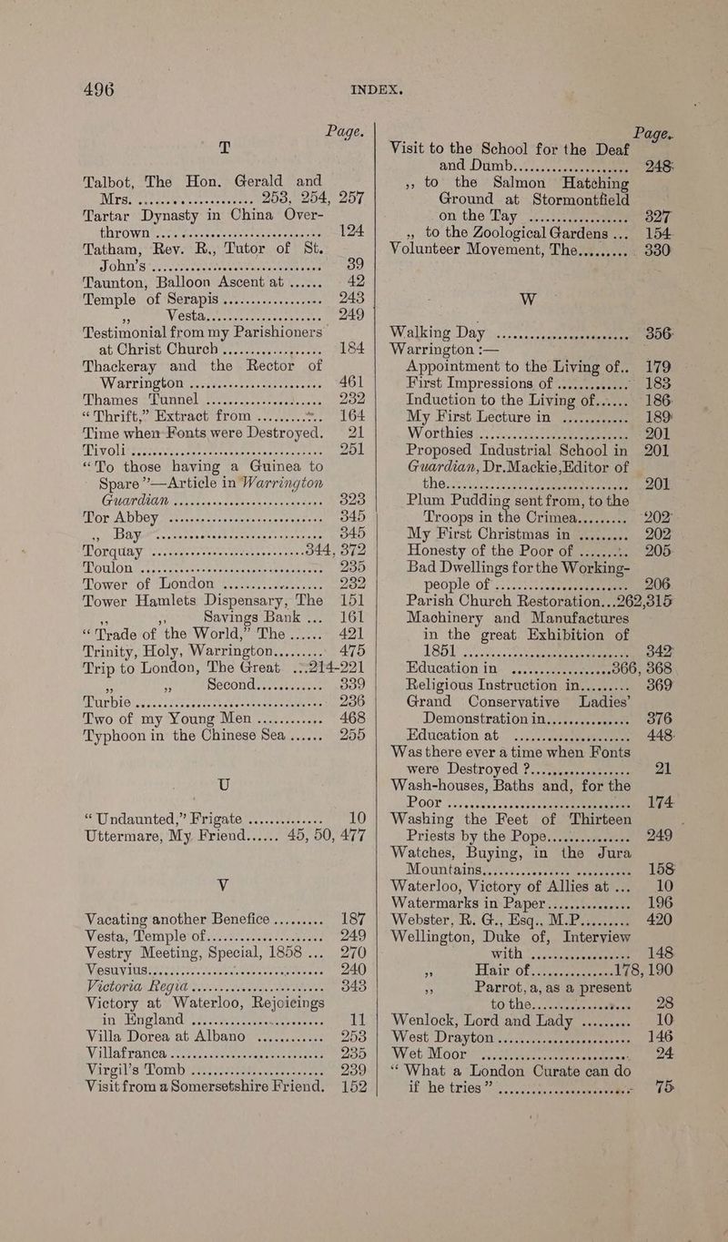 Page. Page. T Visit to the School for the Deaf and. .Dtinab. 2.3... osny eee 248: Talbot, The Hon. Gerald and ,, to the Salmon Hatching MTR c ye Rotts ape apeteiee 258, 254, 257 Ground at Stormontfield Tartar Dynasty in China Over- on’ the Tay 0.) ease 327 CHYOW DS cone coe cate ea ee 124 ,», to the Zoological Gardens... 154 Tatham, Rey. R., Tutor of St Volunteer Movement, The......... . 8380 A Pe) shag Rai heute cilia 4b 39 Taunton, Balloon Ascent at ...... 42 Temple: of Serapis,..-..........2+6- 243 WwW . ViGstat cose cass sacnate 249 Testimonial from my Parishioners’ Walking Day>.,;)....caiieseianeenne 356: at Christ: COVECHe } wrens cores oe 184 | Warrington :— : Thackeray and the Rector of Appointment to the Living of.. 179 Warring QO nerptes sess ss seer ne sas 461 First Impressions of ............. 183 Phamies: VOnN Gl ccs cnatersacbe sina 232 Induction to the Living of...... 186. ‘MT hrift,. xtract fr0ml.......... eylaanes ise My First Lecture in ........,..- 189) Time when Fonts were Destroyed. 21 W orthieg.. 2....c1cene eee 201 ke) EE PEACE dian so See PrN 251 Proposed Industrial School in 201 “To those having a Guinea to Guardian, Dr.Mackie,Editor of | Spare ”’—Article in Warrington tO. o.tcane deeds cee eee ae 201 LT UCT ORE Naw nies ic caine asp sense tend 323 Plum Pudding sent from, to the MOM A DUGY wend cnere assoc seaeecreas a 345 Troops in the Crimea......... “202' DAY mmarts crib erties ry sear B45 My First Christmas in ......... 202 POPCUBY teste tiie eect er ce cea 344, 372 Honesty of the Poor of ....... (205 EROUIGIE pay casvas econ eesarreee beacons 235 Bad Dwellings for the Working- Tower of London ........... pena the 232 people of. . 2). cae pee 206 Tower Hamlets Dispensary, The 151 * Savings Bank... 161 «Trade of the World,” The ...... 421 Trinity, Holy, Warrington a ry a 475 Trip to London, The Great ...214-221 2 DCCONd i.e ctseesee 339 Purbiaie 2. Mca AA eee 236 Two of my Young Men ............ 468 Typhoon in the Chinese Sea ...... 255 U “ Undaunted,” Frigate ............+. 10 Uttermare, My Friend...... 45, 50, 477 v Vacating another Benefice ......... 187 Vestax LTemplorots 2.3. sicde.. apna 249 Vestry Meeting, Special, 18532-05270 EY PSILVIUS or aster es dk touch eecee mt eamieat 240 Vi eas REG UG Ti cncdindserset Obeven 343 Victory at Waterloo, Rejoicings 10 Peete land 02, see aes 11 Villa Dorea at Albano ............ 253 Villatranen vie itadeekasvse vias tonartd 235 Virgil s* Tomi. s ese iee 239 Visitfrom a Somersetshire Friend. 152 Parish Church Restoration...262,315 Machinery and Manufactures in the great. Exhibition of LSB) ec ee 342 Education ih} J... sees 366, 368 Religious Instruction in......... 369 Grand Conservative Ladies’ Demonstration in........ses0es. 376 Education at: iii cee ee 448: Was there ever a time when Fonts were Destroyed 7... uestenaeseeee 21 Wash-houses, Baths and, for the POOY ‘iisessacess ccdie cougar tee 174 Washing the Feet of Thirteen Priests by the Pope.-......m.see 249 Watches, Buying, in the Jura Mountainia eves. 5s5 seen 158 Waterloo, Victory of Allies at... 10 Watermarks in Paper..........+0++. 196 Webster, R. G., Esq., M.P......... 420 Wellington, Duke of, Interview WALD. °, wcauseeseeeeg ae 148  Hair of foe 178, 190 BA Parrot,a,as a present to the........ podaa¥say Wenlock, Lord and Lady ......... 10 West Drayton PR rh 5 ae Re 146 Wet Moone oh tee eee eee 24 ‘What a London Curate can do if he tries”