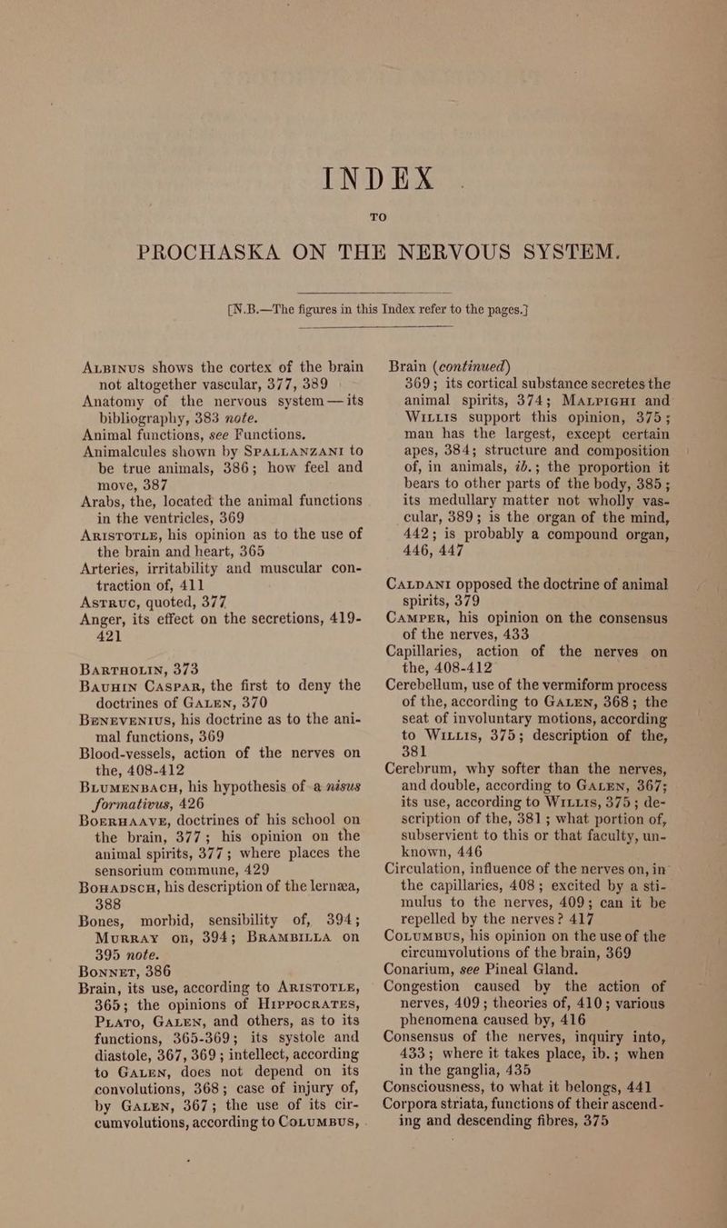 TO Axzsinus shows the cortex of the brain not altogether vascular, 377, 389 Anatomy of the nervous system — its bibliography, 383 note. Animal functions, see Functions. Animalcules shown by SPALLANZANI to be true animals, 386; how feel and move, 387 Arabs, the, located the animal functions in the ventricles, 369 ARISTOTLE, his opinion as to the use of the brain and heart, 365 Arteries, irritability and muscular con- traction of, 411 Asrruc, quoted, 377 Anger, its effect on the secretions, 419- 421 BARTHOLIN, 373 BavuHin Caspar, the first to deny the doctrines of GALEN, 370 BENEVENIUS, his doctrine as to the ani- mal functions, 369 Blood-vessels, action of the nerves on the, 408-412 BLUMENBACH, his hypothesis of a nésus Sormativus, 426 BoERHAAVE, doctrines of his school on the brain, 377; his opinion on the animal spirits, 377; where places the sensorium commune, 429 Bowapscnw, his description of the lernza, 388 Bones, morbid, sensibility of, 394; Murray on, 394; BRAMBILLA on 395 note. BonneET, 386 Brain, its use, according to ARISTOTLE, 365; the opinions of Hippocrares, Prato, GALEN, and others, as to its functions, 365-369; its systole and diastole, 367, 369 ; intellect, according to GALEN, does not depend on its convolutions, 368; case of injury of, by GALEN, 367; the use of its cir- cumyolutions, according to COLUMBUS, Brain (continued) 369; its cortical substance secretes the animal spirits, 374; Ma.prenr and Wits support this opinion, 375; man has the largest, except certain apes, 384; structure and composition of, in animals, 7d.; the proportion it bears to other parts of the body, 385; its medullary matter not wholly vas- cular, 389; is the organ of the mind, 442; is probably a compound organ, 446, 447 CALDANI opposed the doctrine of animal spirits, 379 Camper, his opinion on the consensus of the nerves, 433 Capillaries, action of the nerves on the, 408-412 Cerebellum, use of the vermiform process of the, according to GALEN, 368; the seat of involuntary motions, according to Wixtis, 375; description of the, 381 Cerebrum, why softer than the nerves, and double, according to GALEN, 367; its use, according to WILLIs, 375; de- scription of the, 381 ; what portion of, subservient to this or that faculty, un- known, 446 Circulation, influence of the nerves on, in’ the capillaries, 408; excited by a sti- mulus to the nerves, 409; can it be repelled by the nerves? 417 CoLuMBUS, his opinion on the use of the circumvolutions of the brain, 369 Conarium, see Pineal Gland. Congestion caused by the action of nerves, 409; theories of, 410; various phenomena caused by, 416 Consensus of the nerves, inquiry into, 433; where it takes place, ib.; when in the ganglia, 435 Consciousness, to what it belongs, 441 Corpora striata, functions of their ascend - ing and descending fibres, 375
