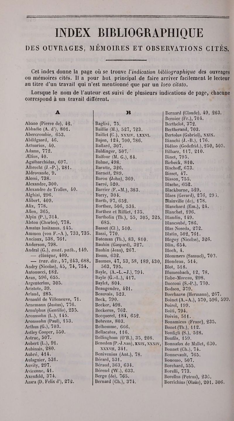 re DES OUVRAGES, A Abano (Pierre de), 492. Abbadie (A. d'), 801. Abercrombie, 653. Abildgaard, 46. Acluarius, 40. Adams, 772. Ætius, 40. Agatharchidas, 697. Albrecht (J.-P.), 281. Aldrovande, 9. Alessi, 738. Alexandre, 300. Alexandre de Tralles, 40. Alghisi, 296. Alibert, 409, Alix, 7178. Allen, 365, Alpin (P.), 314. Alston (Charles), 778. Amatus lusitanus. 145. Anciaux, 538, 161. Anderson, 798. Andral (G.), anat. path., 149, — clinique, 409. Andry (Nicolas), 45, 74, 154, Antonucci, 182. Aran, 596, 655. Argenterius, 305. Aristote, 39. Arlaud, 285. Arnauld de Villeneuve, 71. Arnemann (Justus), 7176. Arnulphus (Gentilis), 235. Aronssohn (L.), 145. Aronssohn (Paul), 153. Arthus (G.), 703. Astley Cooper, 550. Astruc, 507. Aubert (L.), 91. Aubinais, 280. Aubré, 414. Aulagnier, 531. Auvity, 297. Avicenne, #1. Axenfeld, 374. Azara (D. Felix d’), 272. B Baglivi, 75. Baillie (M.), 527, 793. Baillet (C.), XXxIV, LXXVI. Bajon, 124, 700, 786. Ballard, 307. Baldinger, 507. Balfour (M. G.), 84. Balme, 498. Baraite, 326. Barnett, 289, Baron (John), 369. Barré, 5920. Barrier (F.-M.), 383. Barry, 304. Barth, 97, 659. Barthez, 506, 534. Barthez et Rüilliet, 135. 685. Basset (C1.), 510, Bassi, 770. Bateman (Th.), 83, 810. Bauhin (Gaspard), 327. Bauhin (Jean), 267. Baum, 632. 063, 195. Bayle, (A.-L.-J.), 794. Bayle (G.-L.), 417. Baylet, 804. Beaugendre, 421. Beauvais, 523. Beck, 790. Becker, 498. Beckerus, 762, Becquerel, 484, 652. Behrens, 803. Belhomme, 666. Bellacatus, 116. Bellingham (0'B.), 35, 208. XXXVII, 341. Benivenius (Ant.), 78. Bérard, 531, Béraud, 363, 634, Bérend (W.), 633. Berge (de), 765. Bernard (Ch.), 374. Bernard (Claude), 49, 263. Bernier (Fr.), 104. Berthelot, 379. Bertherand, 703. Bertolus (Gabriel), XXIX. Bianchi (J.-B.), 176. Bidloo (Godefrid.), 250, 505. Bilharz, 417, 210. Binet, 795. Birbeck, 810. Bischoff, 673. Bisset, 47. Bisson, 755. Blache, «652. Blackburne, 529, Blaes (Gerard), 276, 295. Blainville (de), 178. Blanchard (Em.), 24. Blanchet, 196. Blandin, 149. Blancsubé, ses Blas Noseda, 27 Blatin, 509, ne Blegny (Nicolas), 326. Blin, 654. Bloch, 4. Blommers (Samuel), 703. Blondeau, 514. Blot, 5418. Blumenbach, 12, 78, Bobe-Moreau, 298. Bocconi (S.-P.), 710. Bodson, 379. Bocrhaave (Hermann), 267. Boinet (A.-A.), 570, 596, 599, Boirel, 199. Boiti, 794. Boivin, 511. Bonamicus (Franc), 235. Bonet (Th.), 112. Bonfigli (S.), 528. Bonfils, 159. Bonnafox de Mallet, 630. Bonnet (Ch.), 74. Bonnevault, 765. Bonomo, 507. Porchard, 555. Borelli, 7173. Borellus (Petrus), 230, Borrichius (Olaüs), 201. 306.