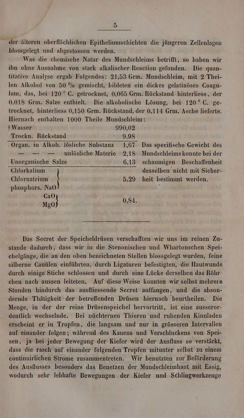der älteren oberflächlichen Epitheliumschichten die jüngeren Zellenlagen blossgelegt und abgestossen werden. Was die chemische Natur des Mundschleims betrifft, so haben wir ihn ohne Ausnahme von stark alkalischer Reaction gefunden. Die quan- titative Analyse ergab Folgendes: 21,53 Grm. Mundschleim, mit 2 Thei- len Alkohol von 50 % gemischt, bildeten ein dickes gelatinöses Coagu- lum, das, bei 120° C. getrocknet, 0,065 Grm. Rückstand hinterliess, der 0,018 Grm. Salze enthielt. Die alkoholische Lösung, bei 120° C. ge- trocknet, hinterliess 0,150 Grm. Rückstand, der 0,114 Grm. Asche lieferte. Hiernach enthalten 1000 Theile Mundschleim: I Wasser 990,02 Trockn. Rückstand 998 Organ. in Alkoh. lösliche Substanz 1,67 Das specifische Gewicht des — — .— unlösliche Materie 2,18 Mundschleims konnte bei der Unorganische Salze 6,13 schaumigen Beschaffenheit Chlorkalium desselben nicht mit Sicher- Chlornatrium 5,29 heit bestimmt werden. phosphors. NaO | 0,84. Das Secret der Speicheldrüsen verschafften wir uns im reinen Zu- stande dadurch, dass wir in die Stenonischen und Whartonschen Spei- chelgänge, die an den oben bezeichneten Stellen blossgelegt wurden, feine silberne Canülen einführten, durch Ligaturen befestigten, die Hautwunde ‚durch einige’ Stiche schlossen und durch eine Lücke derselben das Röhr- chen nach aussen leiteten. Auf diese Weise konnten wir selbst mehrere Stunden hindurch das ausfliessende Secret auffangen, und die abson- dernde Thätigkeit der betreffenden Drüsen hiernach beurtheilen. Die Menge, in der der reine Drüsenspeichel hervortritt, ist eine ausseror- dentlich wechselnde. Bei nüchternen Thieren und ruhenden Kinnladen erscheint er in Tropfen, die langsam und nur in grösseren Intervallen auf einander folgen; während des Kauens und Verschluckens von Spei- sen, ja bei jeder Bewegung der Kiefer wird der Ausfluss so verstärkt, dass die rasch auf. einander folgenden Tropfen mitunter selbst zu einem continuirlichen Strome zusammentreten. Wir benutzten zur Beförderung des Ausflusses besonders das Benetzen der Mundschleimhaut mit Essig, wodurch sehr lebhafte Bewegungen der Kiefer und. Schlingwerkzeuge