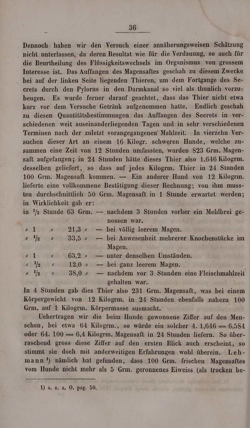 Dennoch haben wir den Versuch einer annäherungsweisen Schätzung nicht unterlassen, da deren Resultat wie für die Verdauung, so auch für die Beurtheilung des Flüssigkeitswechsels im Organismus von grossem Interesse ist. Das Auffangen des Magensaftes geschah zu diesem Zwecke bei auf der linken Seite liegenden Thieren, um dem Fortgange des Se- creis durch den Pylorus in den Darmkanal so viel als thunlich vorzu- beugen. Es wurde ferner darauf geachtet, dass das Thier nicht etwa kurz vor dem Versuche Getränk aufgenommen hatte. Endlich geschah zu diesen Quantitätsbestimmungen das Auffangen des Secrets in ver- schiedenen weit auseinanderliegenden Tagen und in sehr verschiedenen Terminen nach der zuletzt vorangegangenen’ Mahlzeit. In vierzehn Ver- suchen dieser Art an einem 16 Kilogr. schweren Hunde, welche zu- sammen eine Zeit von 12 Stunden umfassten, wurden 823 Grm. Magen- saft aufgefangen; in 24 Stunden hätte dieses Thier also 1,646 Kilogrm. desselben geliefert, so dass auf jedes Kilogrm. Thier in 24 Stunden 100 Grm. Magensaft kommen. — Ein anderer Hund von 12 Kilogrm. lieferte eine vollkommene Bestätigung dieser Rechnung; von ihm muss- ten durchschnitllich 50 Grm. Magensaft in 1 Stunde. erwartet werden; in Wirklichkeit gab er: in !/ Stunde 63 Grm. — nachdem 3 Stunden vorher ein Mehlbrei ge- nossen wär. bei völlig leerem Magen. bei Anwesenheit mehrerer Knochenstücke im Magen. unter denselben Umständen. bei ganz leerem Magen. nachdem vor 3 Stunden eine Fleischmahlzeit gehalten war. In 4 Stunden gab dies Thier also 231 Grm. Magensaft, was bei einem Körpergewicht von 12 Kilogrm. in 24 Stunden ebenfalls nahezu 100 Grm. auf 1 Kilogrm. Körpermasse ausmacht. Uebertragen wir die beim Hunde gewonnene Ziffer auf den Men- schen, bei etwa 64 Kilogrm., so würde ein solcher 4. 1,646 — 6,584 oder 64. 100 = 6,4 Kilogrm. Magensaft in 24 Stunden liefern. So über-- raschend gross diese Ziffer auf den ersten Blick auch erscheint, so stimmt sie doch mit anderweitigen Erfahrungen wohl überein. Leh- mann!) nämlich hat gefunden, dass 100 Grm. frischen Magensafltes vom Hunde nicht mehr als 5 Grm, geronnenes Eiweiss (als trocken be- ANS RS NW 21,32 al erden N AN V \ si z 63,2 Haiiat > 12,0 := Yony'z 38,0 Ay a\ AN W 1) a. 0. a. O, pag. 50,