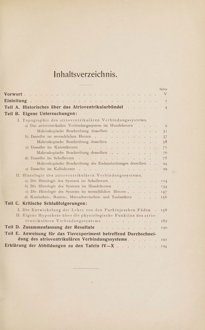 Inhaltsverzeichnis. Seite ee ea A Se EN a ee a IE Teil A. Historisches über das Atrioventrikularbündel . . . . . . 4 Teil B. Eigene Untersuchungen: I. Topographie des atrioventrikulären Verbindungssystems. a) Das atrioventrikuläre Verbindungssystem im Hundeherzen 9 Makroskopische Beschreibung desselben Sa b) Dasselbe im menschlichen Herzen 3% Makroskopische Beschreibung desselben 58 c) Dasselbe im Katzenherzen ; 7ı Makroskopische Beschreibung desselben 76 d) Dasselbe im Schafherzen SE N BEE a 78 Makroskopische Beschreibung der Endausbreitungen desselben . . 94 Besen llalbshierzens. sr. a ee Lg I. Histologie des atrioventrikulären Verbindungssystems. ae) Elistolomie. des Systems im Sehafherzen 22% ne Wr 0.5 Dia Bei. Elistolosie-des Systems in Hundeherzn .,. : 0 nn. OI34 @) Die, Liistolögie des Systems im menschlichen: Hazn. . . . x»... 147 d) Kaninchen-, Ratten-, Meerschweinchen- und Taubenherz Wh RE Teil C. Kritische Schlußfolgerungen: BaDıe Entwickelung der Lehre von den Purkinjeschen Fäden . 1538 Il. Eigene Hypothese über die physiologische Funktion desatrio- woucnkeulären Verbindungssystems.,.2E 22 ul a. ars 182 Teil D. Zusammenfassung der Resultate . . . . HR. 090 Teil E. Anweisung für das Tierexperiment betreffend Ten dung des atrioventrikulären Verbindungssystems. . . . ... 191