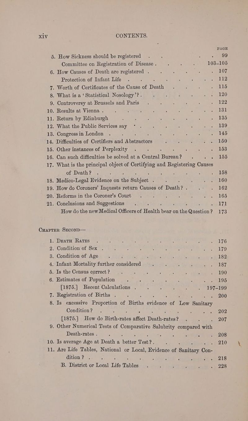 Committee on Registration of Disease . How Causes of Death are registered . Protection of Infant Life of Death ? 103- Oa anr why = [1875.] Recent Calculations . Condition? . 4 A Death-rates . Is average Age at Death a better Test? dition ? B. District or Local Life Tables 99 106 107 112 115 120 122 131 135 139 146 150 153 155 158 160 162 165 171 173 176 179 182 187 190 195 199 200 202 207 208 210 218 228