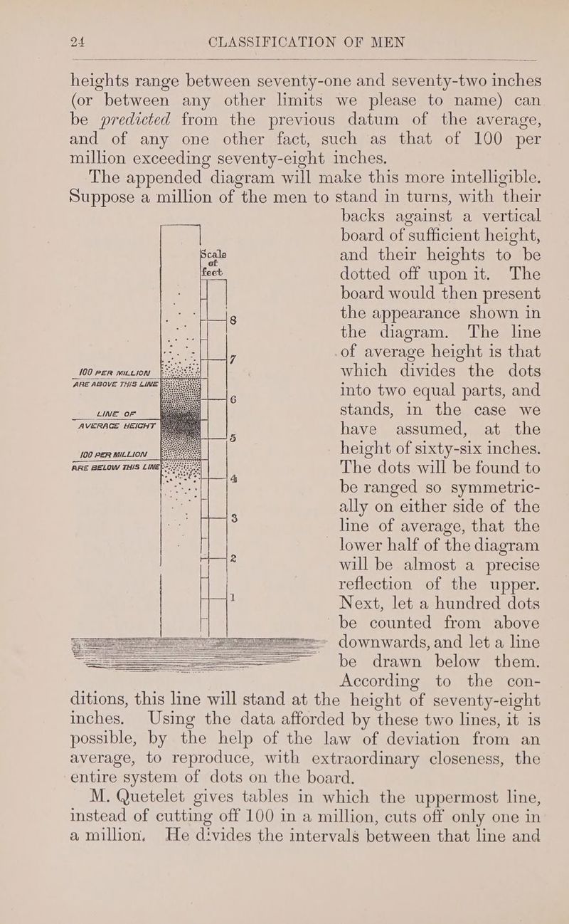 heights range between seventy-one and seventy-two inches (or between any other limits we please to name) can be predicted from the previous datum of the average, and of any one other fact, such as that of 100 per million exceeding seventy-eight inches. The appended diagram will make this more intelligible. Suppose a million of the men to stand in turns, with their backs against a vertical board of sufficient height, and their heights to be dotted off upon it. The board would then present the appearance shown in the diagram. The line of average height is that which divides the dots into two equal parts, and stands, in the case we have assumed, at the height of sixty-six inches. The dots will be found to be ranged so symmetric- ally on either side of the line of average, that the lower half of the diagram will be almost a precise reflection of the upper. Next, let a hundred dots be counted from above gz =— (lownwards, and let a line = ~ be drawn below them. According to the con- ditions, this line will stand at the height of seventy-eight inches. Using the data afforded by these two lines, it is possible, by the help of the law of deviation from an average, to reproduce, with extraordinary closeness, the entire system of dots on the board. M. Quetelet gives tables in which the uppermost line, instead of cutting off 100 in a million, cuts off only one in amillion. He divides the intervals between that line and 100 PER miLLion ARE ABOVE THiS LINE LINE OF AVERAGE HEIGHT