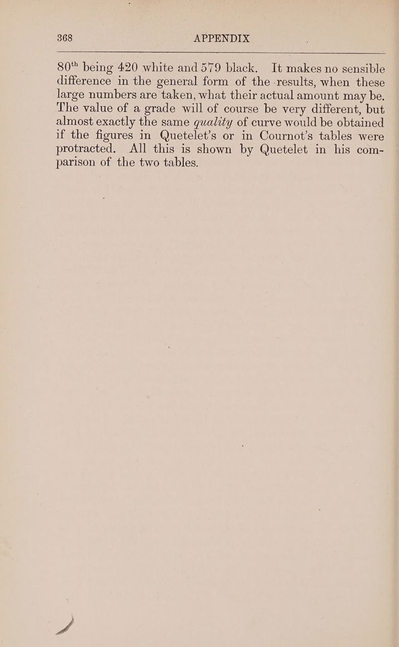 80 being 420 white and 579 black. It makes no sensible difference in the general form of the results, when these large numbers are taken, what their actual amount may be. The value of a grade will of course be very different, but almost exactly the same quality of curve would be obtained if the figures in Quetelet’s or in Cournot’s tables were protracted. All this is shown by Quetelet in his com- parison of the two tables.