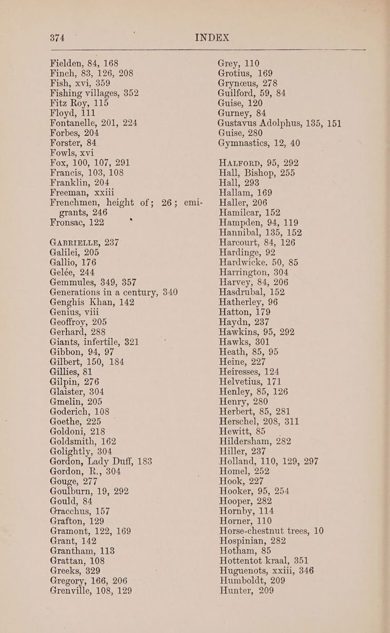 Fielden, 84, 168 Finch, 83, 126, 208 Fish, xvi, 359 Fishing villages, 352 Fitz Roy, 115 Floyd, 111 Fontanelle, 201, 224 Forbes, 204 Forster, 84 Fowls, xvi Fox, 100, 107, 291 Francis, 103, 108 Franklin, 204 Freeman, xxili grants, 246 Fronsac, 122 ° GABRIELLE, 237 Galilei, 205 Gallio, 176 Gelée, 244 Gemmules, 349, 357 Generations in a century, 340 Genghis Khan, 142 Genius, vill Geoffroy, 205 Gerhard, 288 Giants, infertile, 321 Gibbon, 94, 97 Gilbert, 150, 184 Gillies, 81 Gilpin, 276 Glaister, 304 Gmelin, 205 Goderich, 108 Goethe, 225 Goldoni, 218 Goldsmith, 162 Golightly, 304 Gordon, Lady Duff, 183 Gordon, R., 304 Gouge, 277 Goulburn, 19, 292 Gould, 84 Gracchus, 157 Grafton, 129 Gramont, 122, 169 Grant, 142 Grantham, 113 Grattan, 108 Greeks, 329 Gregory, 166, 206 Grenville, 108, 129 Grey, 110 Grotius, 169 Grynceus, 278 Guilford, 59, 84 Guise, 120 Gurney, 84 Guise, 280 Gymnastics, 12, 40 HALFORD, 95, 292 Hall, Bishop, 255 Hall, 293 Hallam, 169 Haller, 206 Hamilcar, 152 Hampden, 94, 119 Hannibal, 135, 152 Harcourt, 84, 126 Hardinge, 92 Hardwicke, 50, 85 Harrington, 304 Harvey, 84, 206 Hasdrubal, 152 Hatherley, 96 Hatton, 179 Haydn, 237 Hawkins, 95, 292 Hawks, 301 Heath, 85, 95 Heine, 227 Heiresses, 124 Helvetius, 171 Henley, 85, 126 Henry, 280 Herbert, 85, 281 Herschel, 208, 311 Hewitt, 85. Hildersham, 282 Hiller, 237 Holland, 110, 129, 297 Homel, 252 Hook, 227 Hooker, 95, 254 Hooper, 282 Hornby, 114 Horner, 110 Horse-chestnut trees, 10 Hospinian, 282 Hotham, 85 Hottentot kraal, 351 Huguenots, xxili, 346 Humboldt, 209 Hunter, 209
