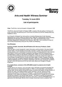 Arts and Health Witness Seminar: List of all Key Witnesses and Participants