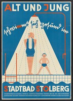 view An old man and a boy taking a shower next to the swimming bath at Stolberg, North Rhine-Westphalia; advertising health benefits of baths and treatments available there for young and old. Colour lithograph after H. Lahaye, 194-.