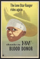 view A boy with a head wound, indicating the need for blood donations. Colour lithograph after Reginald Mount.