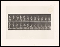 view A woman sitting down on a chair and fanning herself. Collotype after Eadweard Muybridge, 1887.