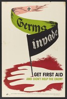 view A hand injured by a wooden stick which is also a pole bearing Germanic lettering and a swastika, comparing Germany in wartime to germs. Colour lithograph after H.A. Rothholz.