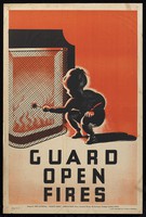 view A log fire with a guard in front, which a little boy touches with his rattle. Colour lithograph.