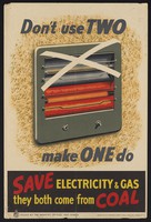 view A two-bar electric fire with the upper bar crossed out and only the lower bar switched on, to save power. Colour lithograph.