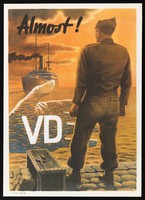 view A serviceman prevented by venereal disease from joining his ship. Colour lithograph by F.O. Schiffers, 1946.