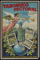 view Fame proclaiming the virtues of the remedy Tabonuco Pectoral. Colour lithograph, ca. 1921.