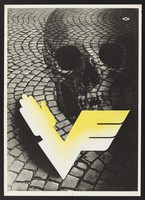 view A skull seen against a street surface of granite sets; representing the danger of death in traffic accidents. Colour lithograph by Walter Müller, 195-.