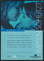 view Two women kissing; promoting the protection of vaccination against the risk of Hepatitis A and Hepatitis B as a result of intimate body contact. Colour lithograph by SmithKline Beecham, ca. 2000.