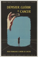 view A woman looking up at a hand holding a microscope slide; representing the fight against cancer. Colour lithograph after P. Chonneaux.