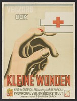 view A finger with blood flowing from a small wound: liquid from a white bottle with a red cross is about to be poured on it; representing quick treatment of small wounds in order to prevent blood poisoning. Colour lithograph, 195-.