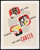 view Cancer: three vignettes showing radiotherapy and surgery as the only effective cures, all other remedies being by implication ineffectual. Colour lithograph after D. Fellnagel, 1941.