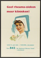 view A nurse standing in front of a modern rheumatism clinic; advertising the need for such clinics in the Netherlands. Colour lithograph after R. de Jonge, 1961.