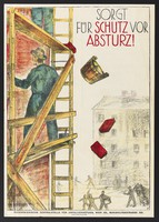 view Builders on a wooden scaffold let a bucket and some bricks fall down into the street. Colour lithograph after G. Kurt, 192-.