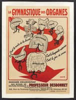 view Organs of the body performing gymnastic exercises; representing courses in physical culture taught by Edmond Desbonnet. Colour lithograph.