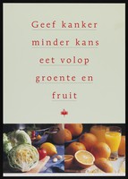 view Vegetables and citrus fruits represented as reducing the risk of cancer. Colour lithograph for the Nederlandse Kankerbestrijding/KWF, 2001.