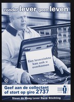 view A man sitting on a bench appealing for money for people with liver disease: "Without a liver--no life". Colour lithograph for Maag Lever Darm Stichting, 2001.