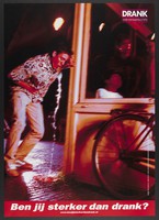 view A drunk young man vomiting outside a social gathering. Colour lithograph for Nationaal Instituut voor Gezondheidsbevordering en Ziektepreventie, ca. 2000.