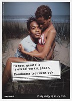 view A young black man and woman embracing on sand dunes, in need of condoms to avoid herpes infection. Colour lithograph for Stichting SOA-bestrijding, ca. 1999.