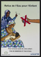 view The dangers of water consumption in babies and importance of breastfeeding in Djibouti. Colour lithograph by Ministère de la Santé and Unicef, ca. 2000.