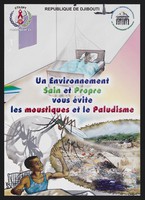 view Preventive methods against malaria in Djibouti. Colour lithograph by Salam Mohamed Saleh for CTILSPT and Ministère de l'éducation nationale et de l'enseignement supérieur , ca. 2000.