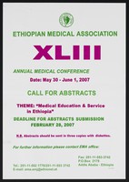 view Call for abstracts for conference on medical education and service in Ethiopia. Colour lithograph by the Ethiopian Medical Association, 2007.