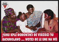 view A family of three talk to a family planning adviser in Ghana. Colour lithograph, ca. 2000.