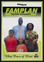 view A Ghanaian family of five representing Famplan, the injectable contraceptive in Ghana. Colour lithograph by GSMF International, ca. 2000.