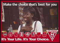 view A smiling seamstress with small pictures showing different types of contraception below: contraception choices in Ghana. Colour lithograph, 2001.